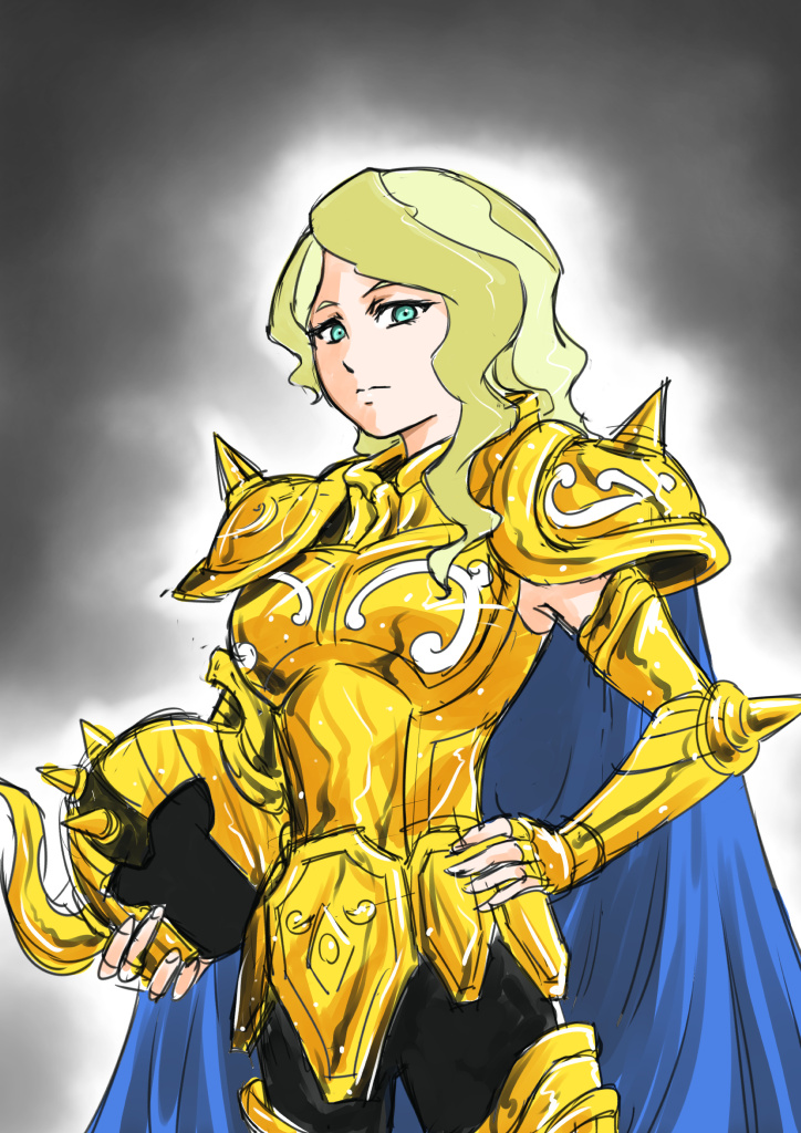 1girl, armor, aura, blonde_hair, blue_cape, blue_eyes, cape, commentary_request, cosplay, diana_cavendish, fake_horns, gold_armor, gold_cloth, gold_saint, green_hair, hand_on_own_hip, helmet, horned_helmet, horns, little_witch_academia, long_hair, looking_at_viewer, multicolored_hair, pauldrons, saint_seiya, shoulder_armor, solo, taurus_aldebaran, taurus_aldebaran_(cosplay), tsukahara_ukyou, two-tone_hair, wavy_hair