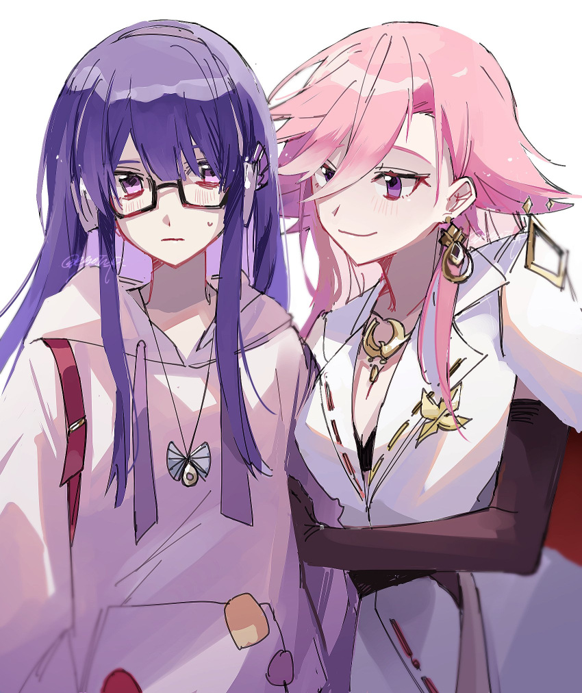 2girls, alternate_costume, animal_ears, backpack, bag, black_bra, blunt_bangs, blush, bra, closed_mouth, collarbone, commentary, couple, ego_(ego_inp), elbow_gloves, fox_ears, fox_girl, genshin_impact, glasses, gloves, gradient_hair, hair_between_eyes, hair_down, headphones, highres, hood, hood_down, hoodie, jewelry, light_smile, long_sleeves, looking_at_another, looking_to_the_side, multicolored_hair, multiple_girls, necklace, pendant, pink_hair, purple_hair, purple_hoodie, raiden_shogun, raiden_shogun_(2nd_anniversary), shade, sweatdrop, underwear, violet_eyes, white_background, yae_miko, yae_miko_(2nd_anniversary), yuri