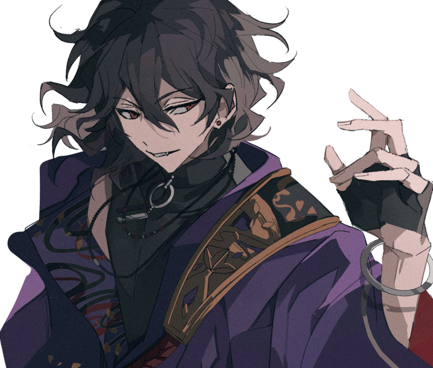 1boy, black_gloves, black_hair, black_jacket, bracelet, commentary_request, earrings, ensemble_stars!, fang, film_grain, fingerless_gloves, gloves, half_gloves, hand_up, highres, jacket, jewelry, krank, male_focus, medium_hair, purple_jacket, red_eyes, sakuma_rei_(ensemble_stars!), simple_background, sleeveless, sleeveless_jacket, smile, solo, stud_earrings, tsurime, upper_body, white_background, zipper_pull_tab