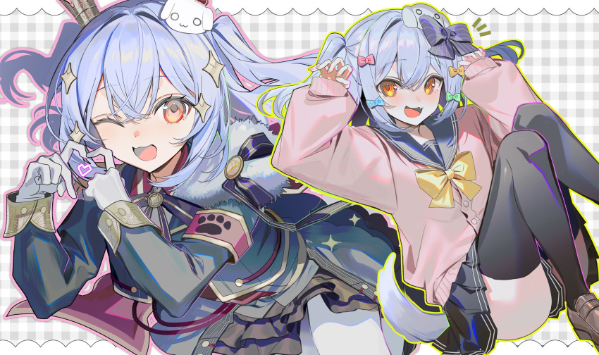 1boy, black_thighhighs, blue_hair, bow, bowtie, brown_eyes, cape, cardigan