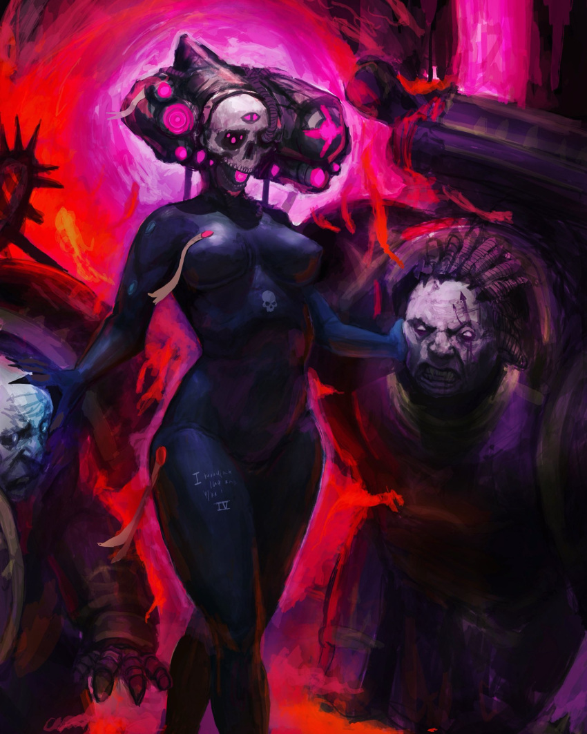 1girl, adeptus_astartes, armor, artificial_eye, assassin, aura, backpack, bag