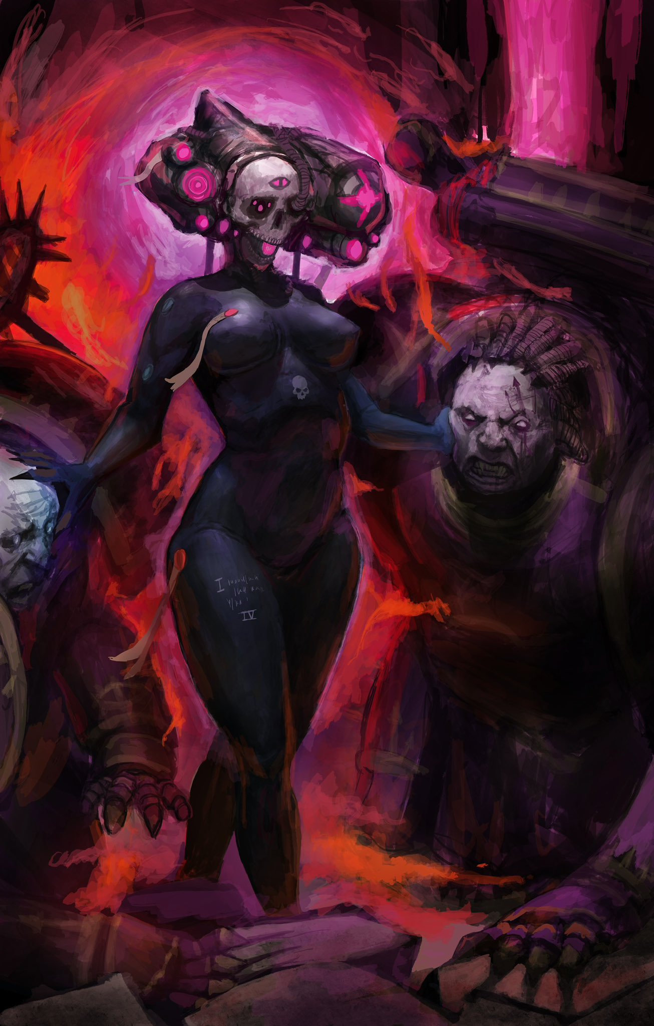 1girl, adeptus_astartes, armor, artificial_eye, assassin, aura, backpack, bag