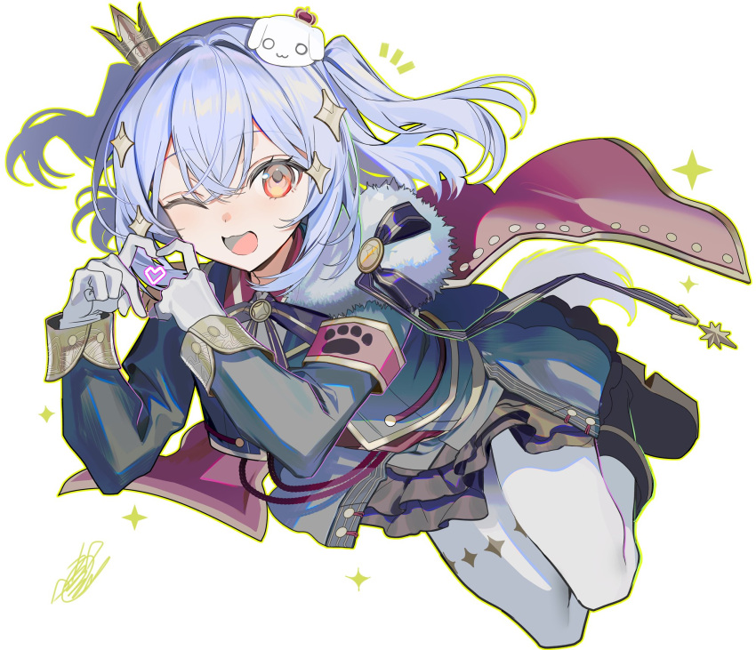 1boy, armband, blue_hair, brown_hair, cape, commentary, crown, frills, gloves, green_jacket, heart, heart_hands, highres, inuyama_tamaki, inuyama_tamaki_(7th_costume), jacket, kawachi_rin, male_focus, noripro, official_alternate_costume, one_eye_closed, pantyhose, solo, sparkle_hair_ornament, trap, two_side_up, untranslatable_commentary, virtual_youtuber, white_gloves, white_pantyhose