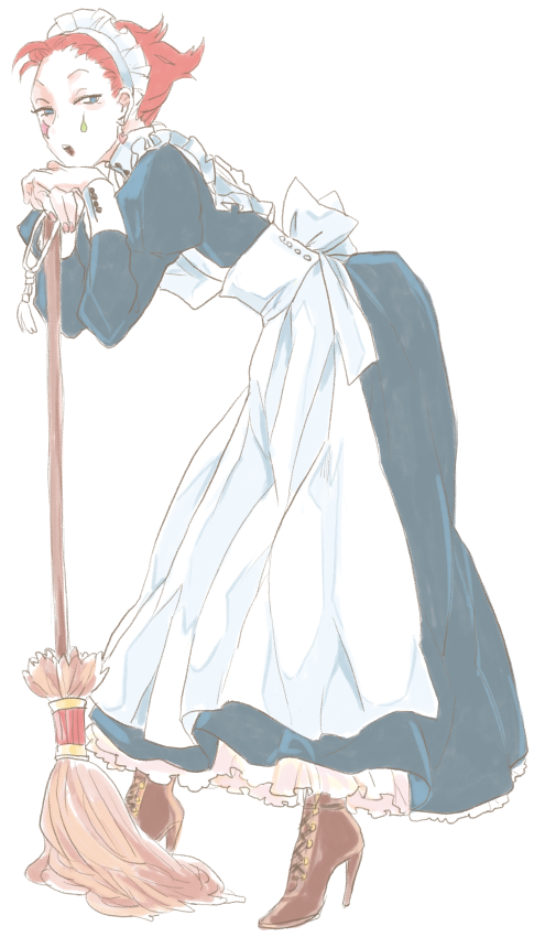 1boy, apron, back_bow, black_dress, bow, broom, chuu_ni, commentary_request, crossdressing, crossdressing_(mtf), dress, enmaided, facial_mark, frilled_dress, frills, full_body, high_heels, hisoka_morow, holding, holding_broom, hunter_x_hunter, long_sleeves, looking_to_the_side, maid, maid_apron, maid_headdress, male_focus, male_maid, red_hair, shoes, sideways_glance, simple_background, sleeve_cuffs, solo, star_(symbol), star_facial_mark, teardrop_facial_mark, white_background, white_bow
