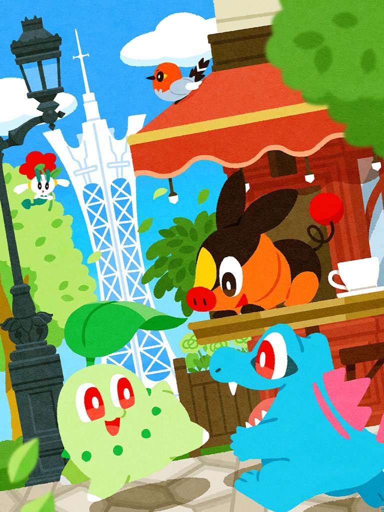 artist_request, bird, black_eyes, blue_sky, bright_pupils, chikorita, clouds, cup, day, fangs, fletchling, floette, floette_(red_flower), flower, holding, holding_flower, in-universe_location, lamppost, leaf, lumiose_city, mug, no_humans, nostrils, official_art, on_table, open_mouth, outdoors, plate, pokemon, pokemon_(creature), pokemon_focus, pokemon_home, pokemon_legends:_z-a, prism_tower, red_eyes, red_flower, sharp_teeth, sky, smile, starter_pokemon_trio, table, teeth, tepig, third-party_source, totodile, tower, tree, white_pupils