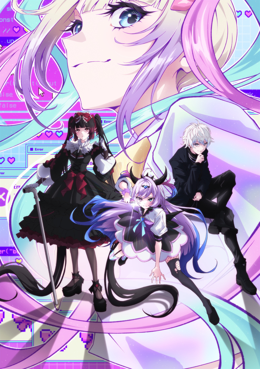 4girls, absurdres, black_hair, chouzetsusaikawa_tenshi-chan, full_body, gokubara_michika, gothic_lolita, heterochromia