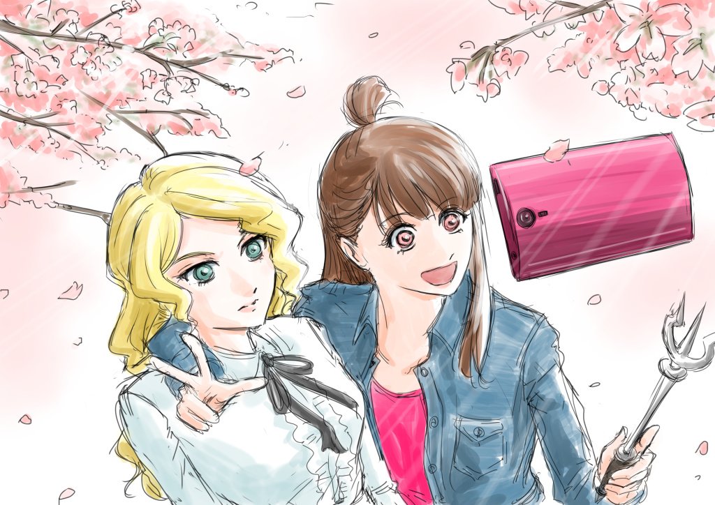 2girls, black_ribbon, blonde_hair, blue_eyes, brown_eyes, brown_hair, cellphone, center_frills