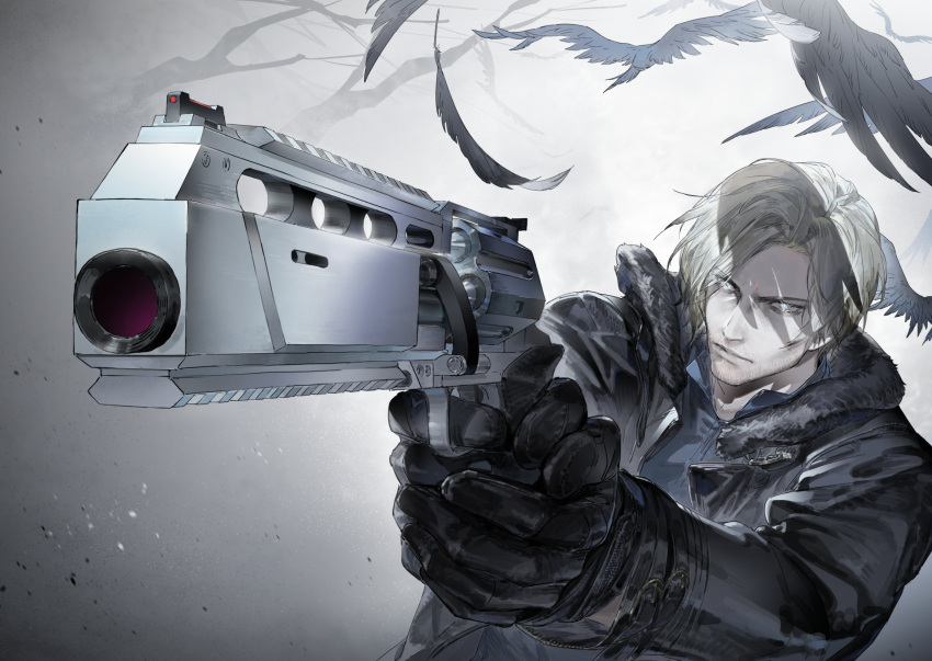 1boy, aiming, bird, black_gloves, blonde_hair, blue_eyes, brown_hair, closed_mouth