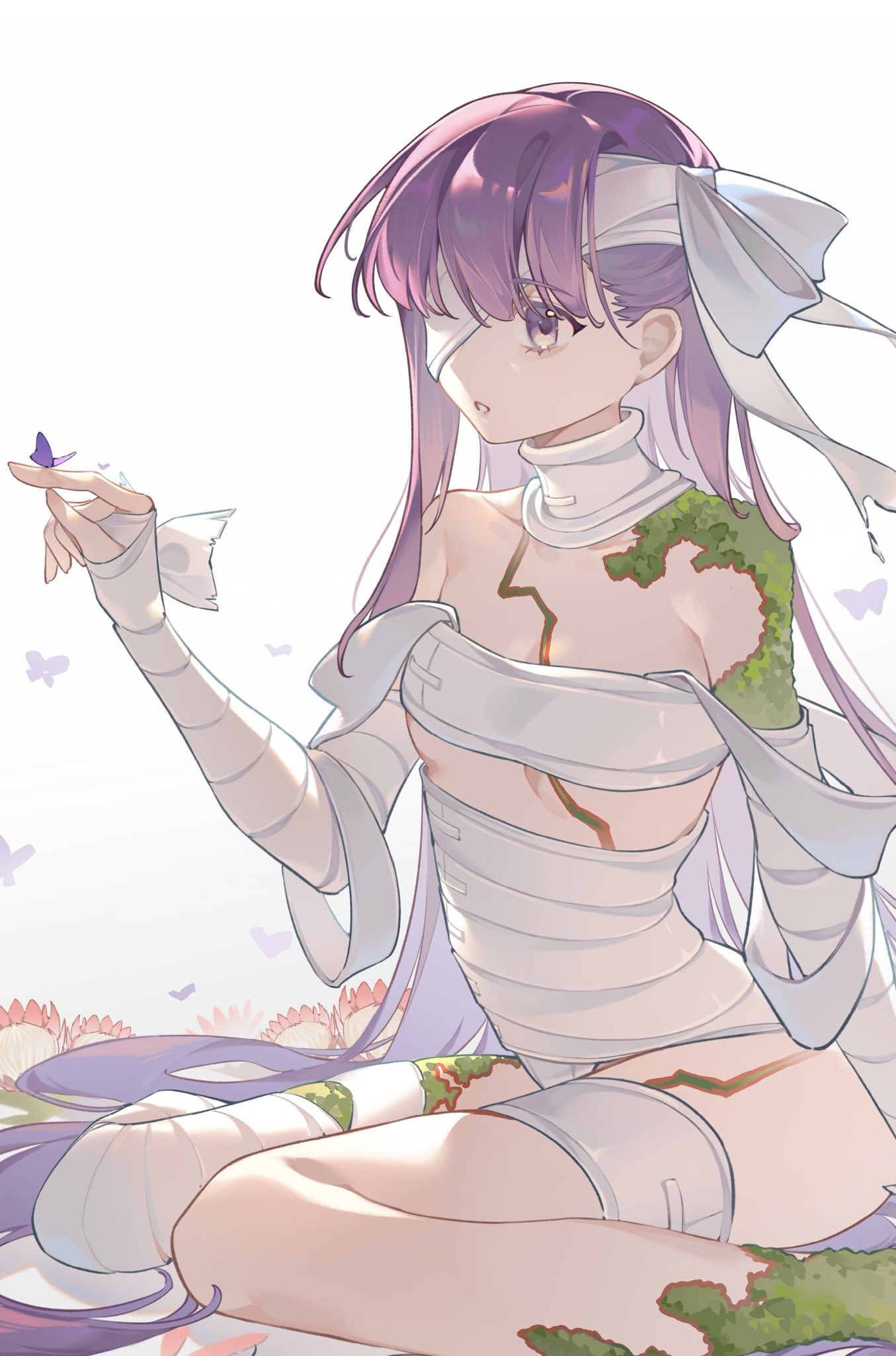 1girl, amiably_02, bandage_over_one_eye, bandaged_arm, bandaged_leg, bandaged_torso, bandages, bug