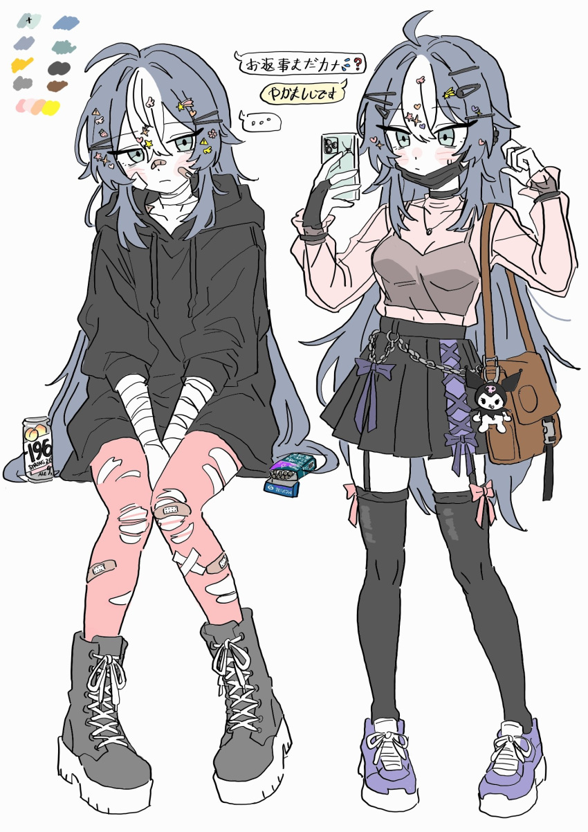 1girl, bag, bandaid, black_skirt, blackd09, blue_hair, blush, boots