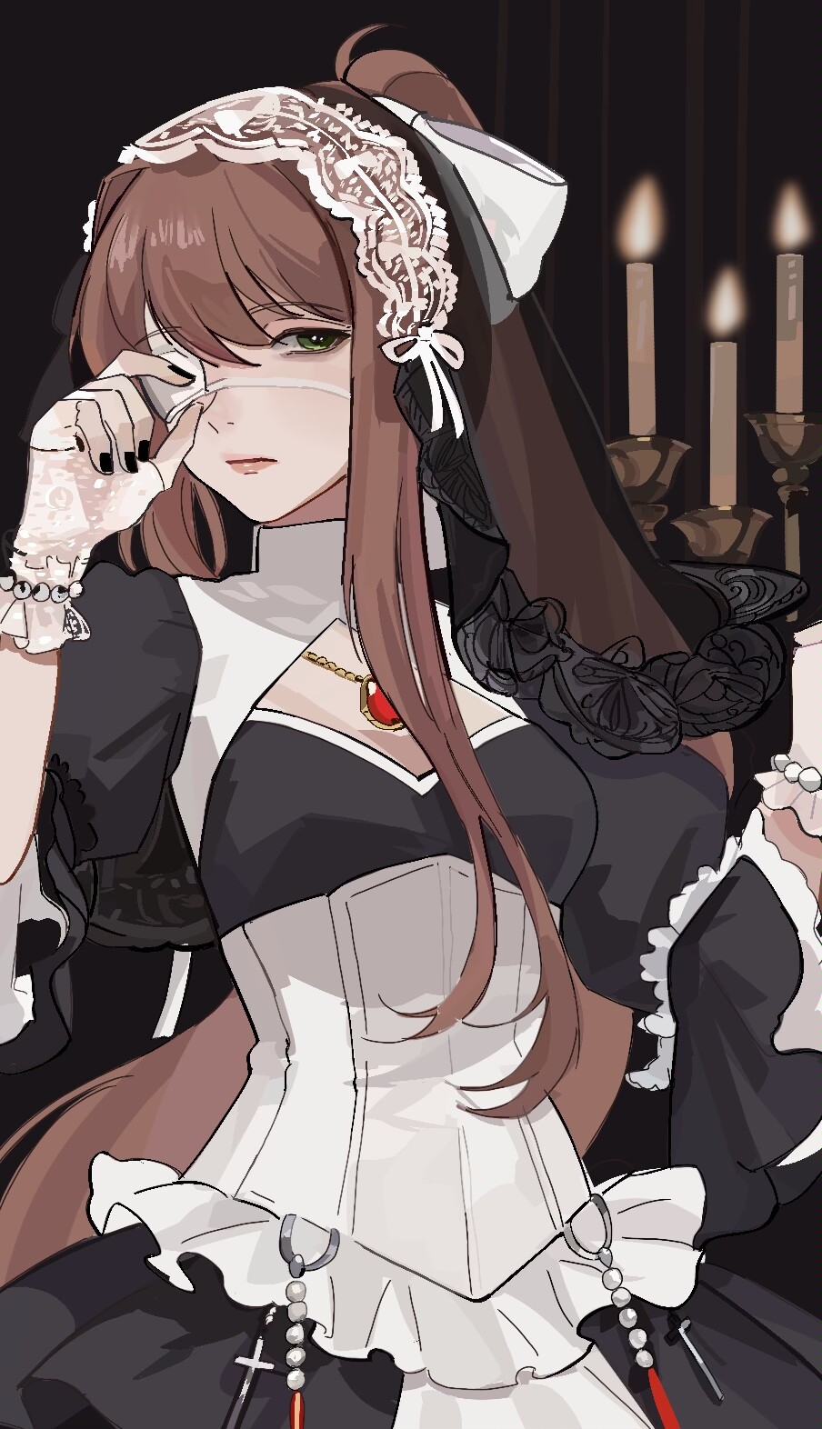 1girl, alternate_costume, black_dress, black_nails, black_veil, breasts, brown_hair, candle