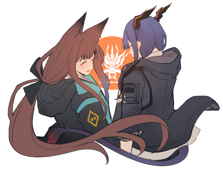 2girls, animal_ears, arknights, blue_hair, brown_hair, brown_tail, ch'en_(arknights), character_request
