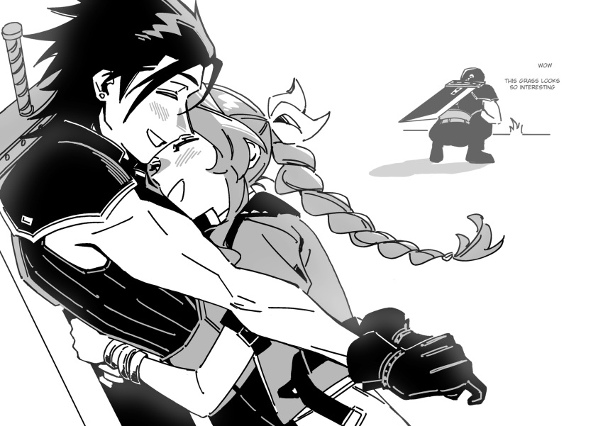 1girl, 2boys, aerith_gainsborough, angeal_hewley, armor, arms_around_another's_back, black_gloves, black_hair, blush, bracelet, braid, braided_ponytail, buster_sword, couple, earrings, english_commentary, english_text, final_fantasy, final_fantasy_vii, final_fantasy_vii:_ever_crisis, from_side, gloves, grass, hair_ribbon, happy, hetero, highres, hug, jacket, jewelry, long_hair, multiple_boys, ponytail, profile, ribbed_sweater, ribbon, seilidare, shoulder_armor, simple_background, sleeveless, sleeveless_turtleneck, smile, spiky_hair, squatting, stud_earrings, sweater, sword, sword_on_back, turtleneck, turtleneck_sweater, upper_body, weapon, weapon_on_back, zack_fair