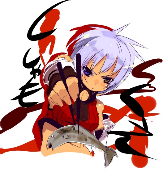 blue_eyes, chopsticks, fish, gauntlets, hati_(shirow), heterochromia, lavender_hair, midriff