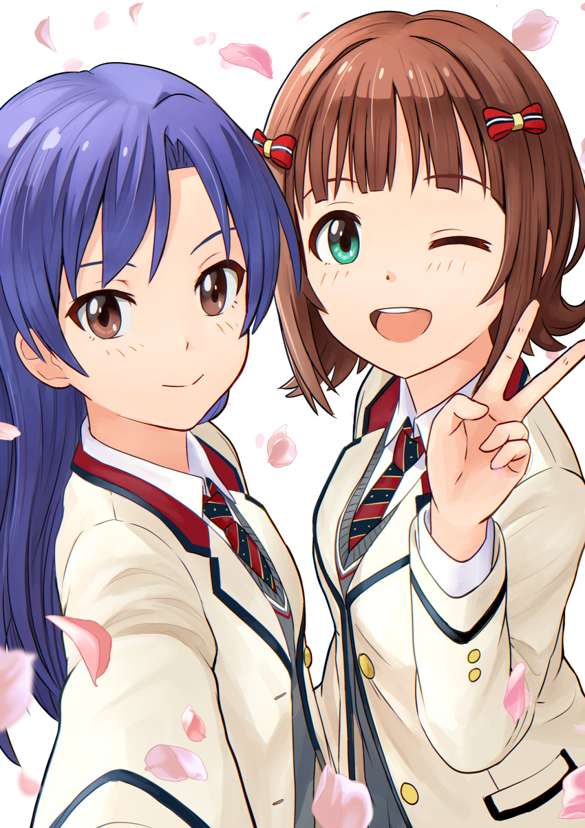 2girls, absurdres, amami_haruka, blazer, blue_hair, bow, brown_eyes, brown_hair