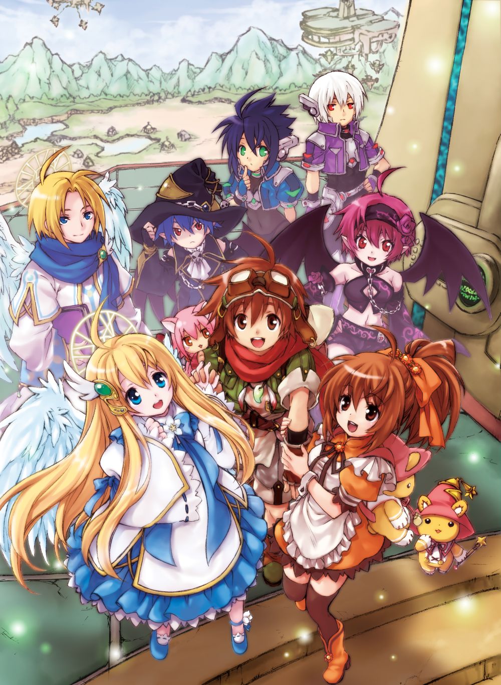 4boys, 5girls, ahoge, android, animal_ears, apron, bat_wings, belial_(eco)
