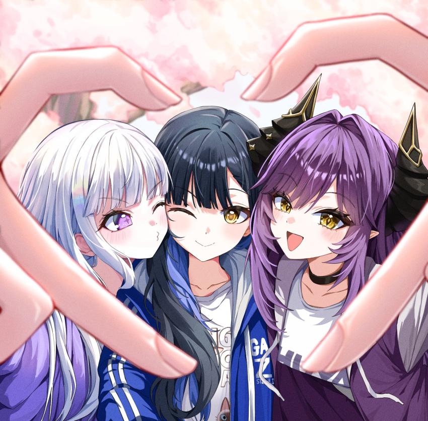 3girls, aoba_nene, ayatsuno_yuni, black_hair, black_horns, blue_jacket, choker, closed_mouth