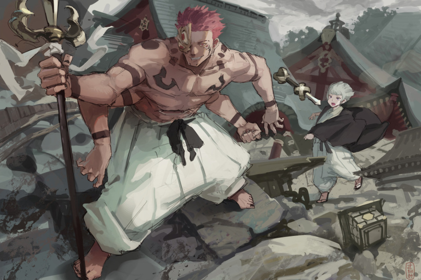 2boys, arm_tattoo, barefoot, commentary_request, extra_arms, highres, holding, holding_weapon, japanese_clothes, jujutsu_kaisen, kakapyramid, multiple_boys, pants, pink_hair, red_eyes, ryoumen_sukuna_(jujutsu_kaisen), ryoumen_sukuna_(true_form)_(jujutsu_kaisen), sandals, short_hair, tattoo, temple, uraume_(jujutsu_kaisen), violet_eyes, weapon, white_hair, white_pants