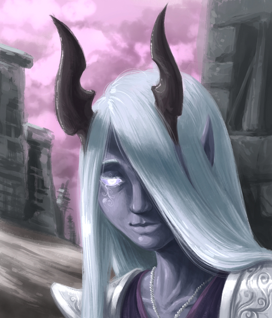 1girl, armor, chaos_(warhammer), colored_sclera, colored_skin, commentary, demon_horns, divine_entity
