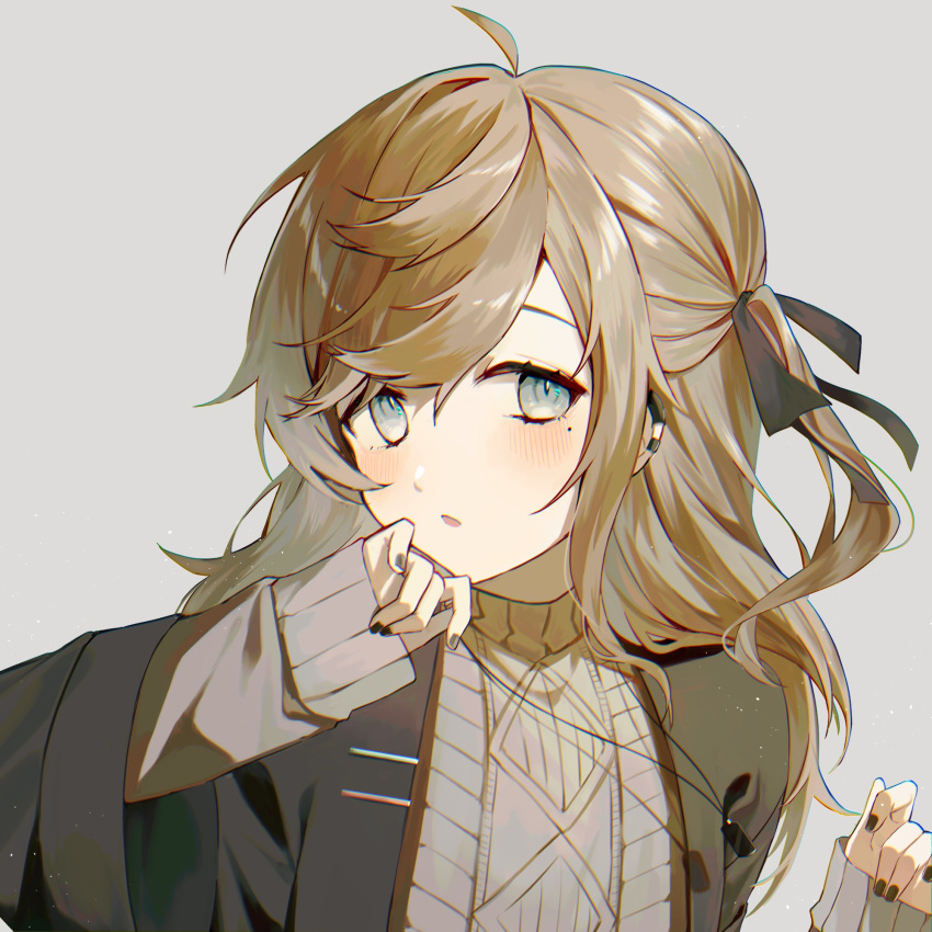 1girl, ahoge, bingyue1121, black_jacket, black_nails, black_ribbon, brown_hair, buttons, chinese_commentary, chromatic_aberration, commentary_request, earclip, eyelashes, genderswap, genderswap_(mtf), grey_background, grey_eyes, grey_sweater, hair_ribbon, hands_up, highres, jacket, kanae_(8th_costume)_(nijisanji), kanae_(nijisanji), long_hair, long_sleeves, mole, mole_under_eye, nijisanji, one_side_up, open_clothes, open_jacket, open_mouth, ribbed_sweater, ribbon, simple_background, sleeves_past_wrists, solo, sweater, tareme, turtleneck, turtleneck_sweater, upper_body, virtual_youtuber