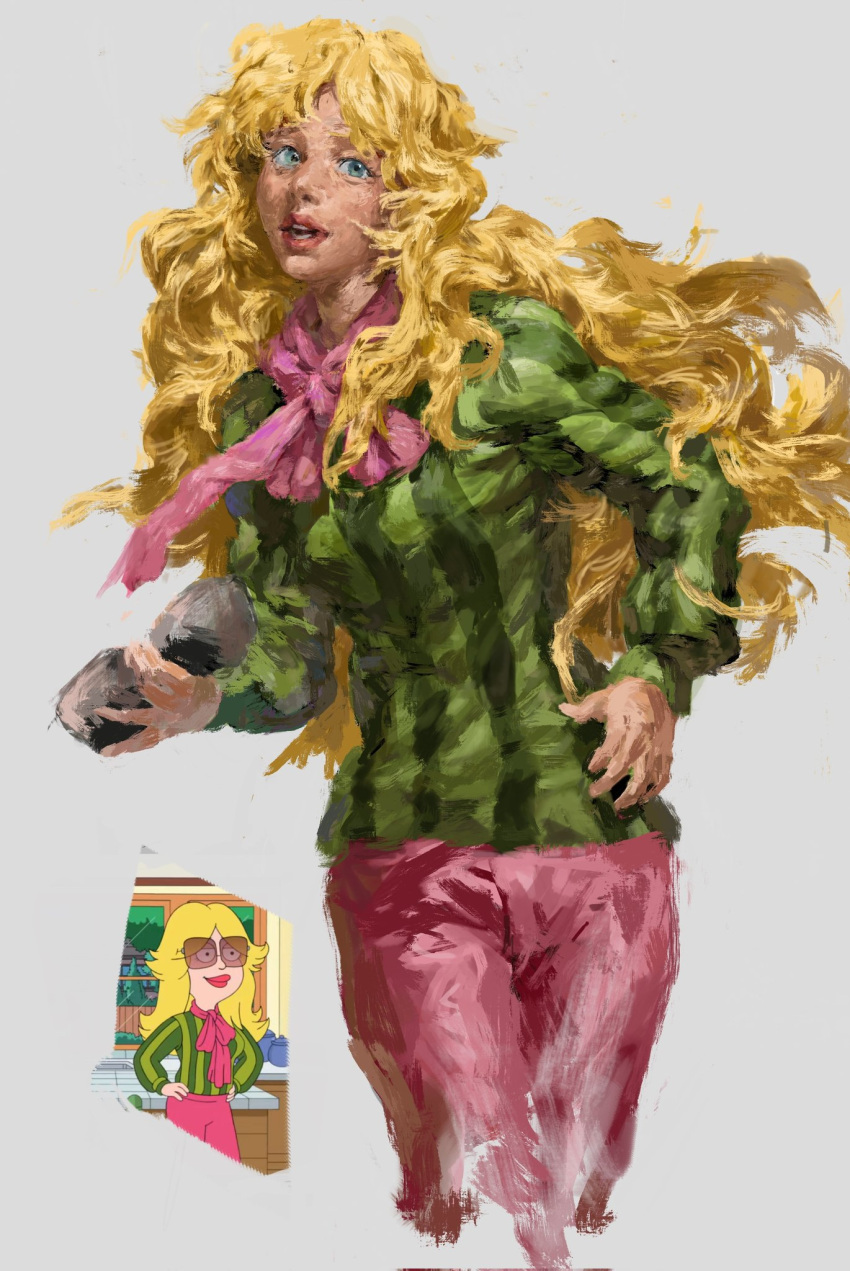1girl, american_dad!, blonde_hair, blue_eyes, cropped_legs, francine_smith, green_shirt, grey_background