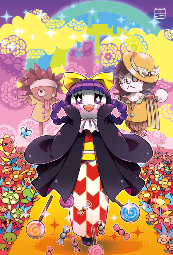 1girl, :d, bemani, black_haori, blunt_bangs, blush_stickers, bow, braid, braided_hair_rings, bug, butterfly, candy, clouds, colored_skin, commentary_request, flower, food, full_body, hair_bow, hair_rings, haori, japanese_clothes, kimono, lollipop, long_sleeves, looking_at_viewer, mushroom, ninjin_(pop'n_music), no3s, obi, open_mouth, partial_commentary, patterned_clothing, pop'n_music, purple_hair, rainbow, red_kimono, sash, scarecrow, short_hair, sleeves_past_fingers, sleeves_past_wrists, smile, solo, sparkle, standing, star-shaped_pupils, star_(symbol), symbol-shaped_pupils, violet_eyes, white_kimono, white_skin, wide_sleeves, wrapped_candy, yagasuri, yellow_bow, yellow_sash