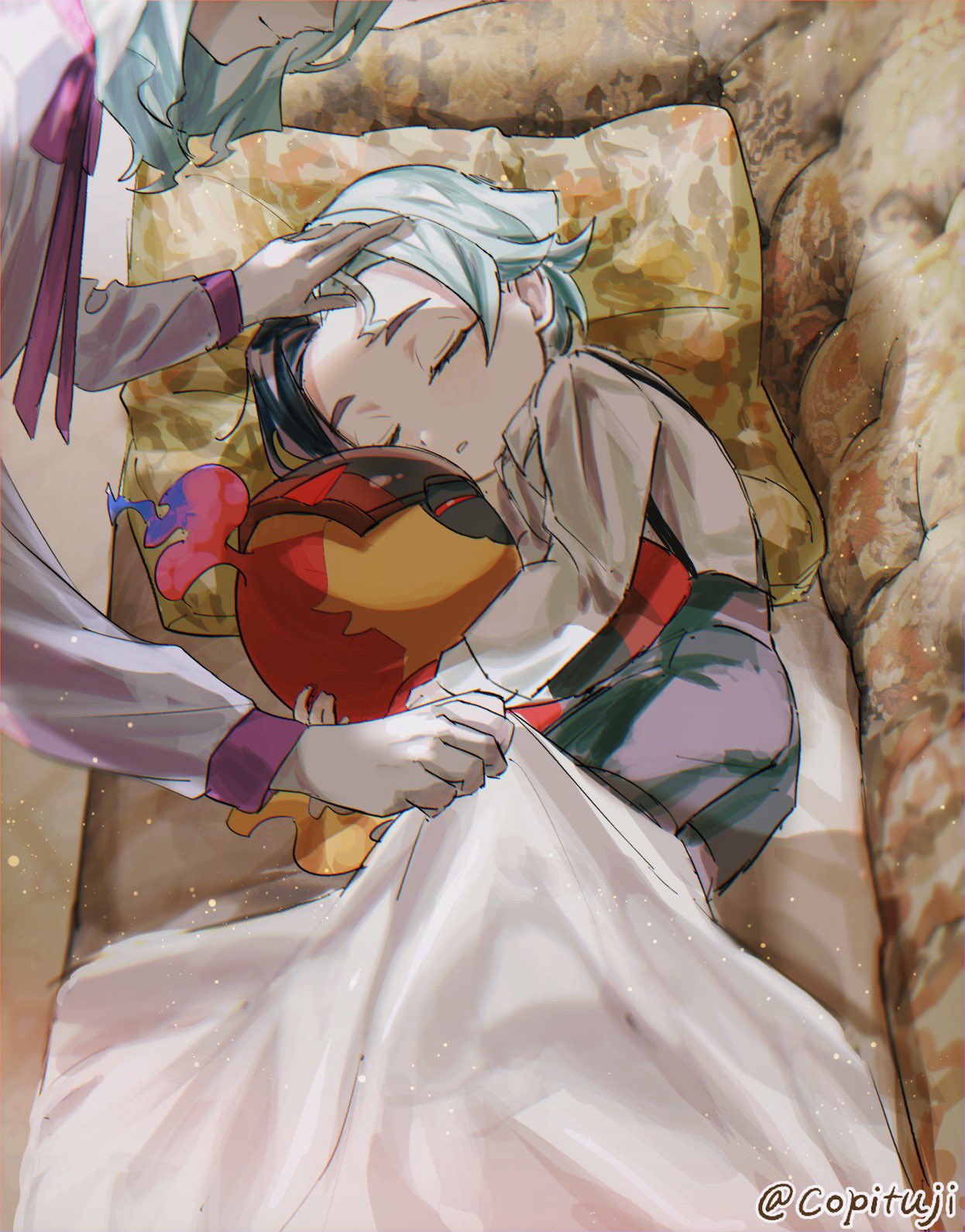 1boy, 1girl, aged_down, amethio_(pokemon), blanket, blurry, charcadet, closed_eyes, commentary_request, copituji, couch, highres, holding, holding_pokemon, indoors, long_sleeves, lying, maria_(pokemon), mother_and_child, mother_and_son, multicolored_hair, on_side, parent_and_child, parted_lips, pokemon, pokemon_(anime), pokemon_(creature), pokemon_horizons, shirt, short_hair, shorts, sleeping, twitter_username, two-tone_hair