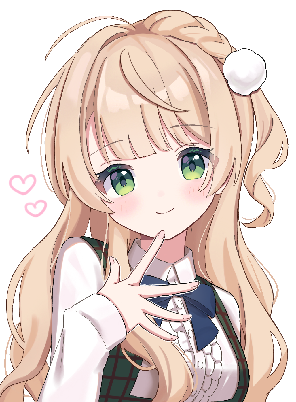 1girl, ahoge, blonde_hair, center_frills, closed_mouth, collared_shirt, commentary_request, frills
