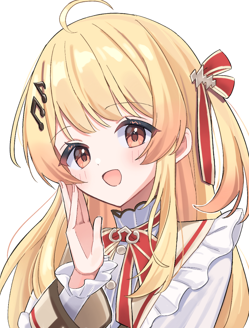 1girl, ahoge, blonde_hair, brown_dress, commentary_request, dress, hair_ornament, highres