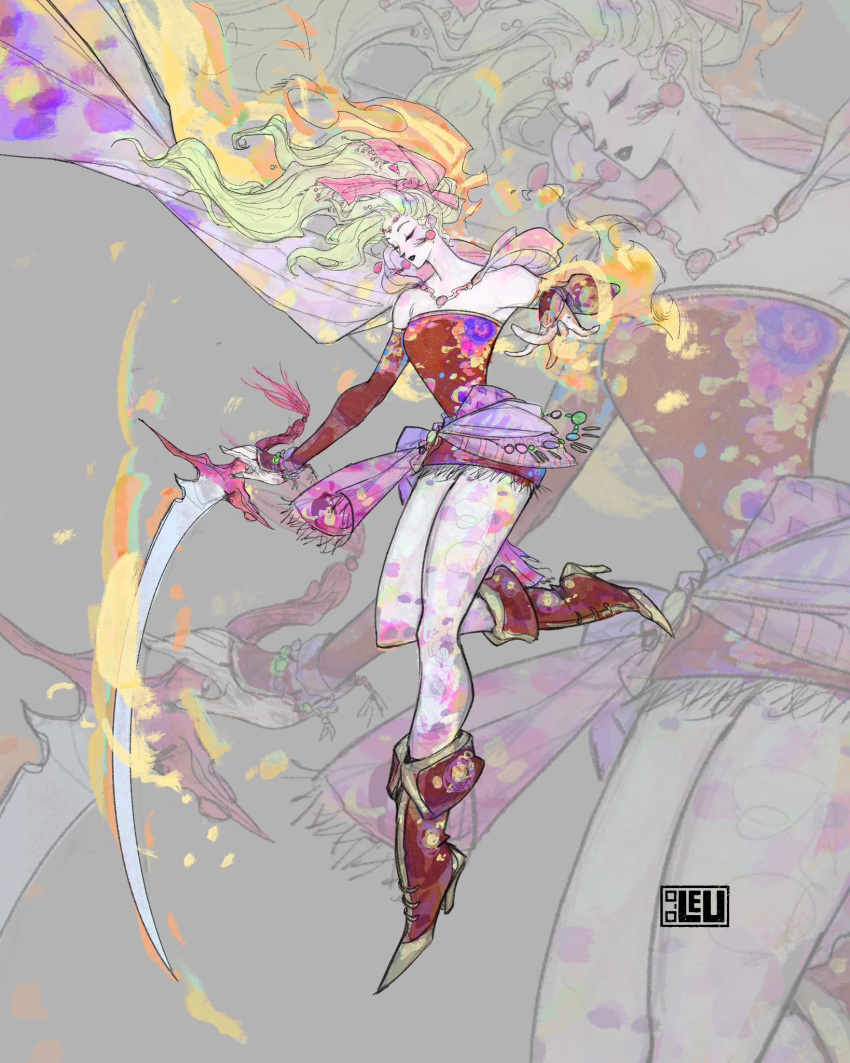 1girl, artist_name, bare_shoulders, boots, breasts, cape, circlet, closed_eyes, detached_sleeves, dress, earrings, final_fantasy, final_fantasy_vi, flaming_hand, floating, full_body, gold_trim, green_hair, grey_background, high_heel_boots, high_heels, highres, holding, holding_sword, holding_weapon, jewelry, long_hair, medium_breasts, miguel_sanchez, pantyhose, parted_lips, pink_cape, ponytail, print_pantyhose, red_boots, red_dress, red_sleeves, sash, short_dress, solo, strapless, strapless_dress, sword, terra_branford, tube_dress, waist_sash, weapon