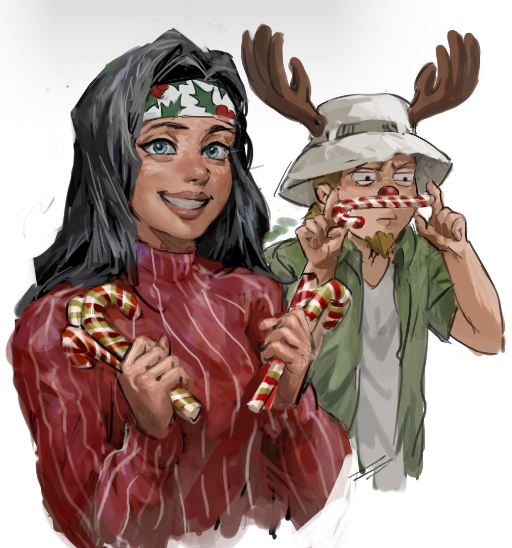 1boy, 1girl, american_dad!, antlers, black_hair, blue_eyes, bucket_hat, candy
