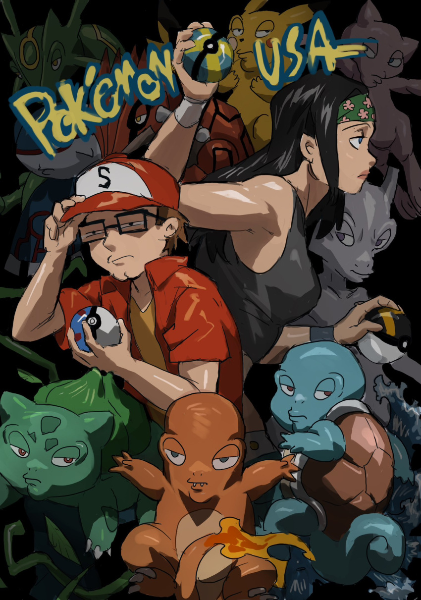 1boy, 1girl, american_dad!, baseball_cap, black_hair, blue_eyes, breasts, brother_and_sister, bulbasaur, charmander, chinese_commentary, closed_mouth, collared_jacket, commentary_request, cosplay, crossover, glasses, great_ball, green_headband, grey_tank_top, groudon, hat, hayley_smith, headband, highres, holding, holding_poke_ball, jacket, kyogre, long_hair, mew_(pokemon), mewtwo, parody, pikachu, poke_ball, pokemon, pokemon_(creature), quick_ball, rayquaza, rectangular_eyewear, red_(pokemon), red_(pokemon)_(cosplay), red_jacket, roger_(american_dad), short_sleeves, siblings, squinting, squirtle, steve_smith, tank_top, ultra_ball, xiaopizi32439