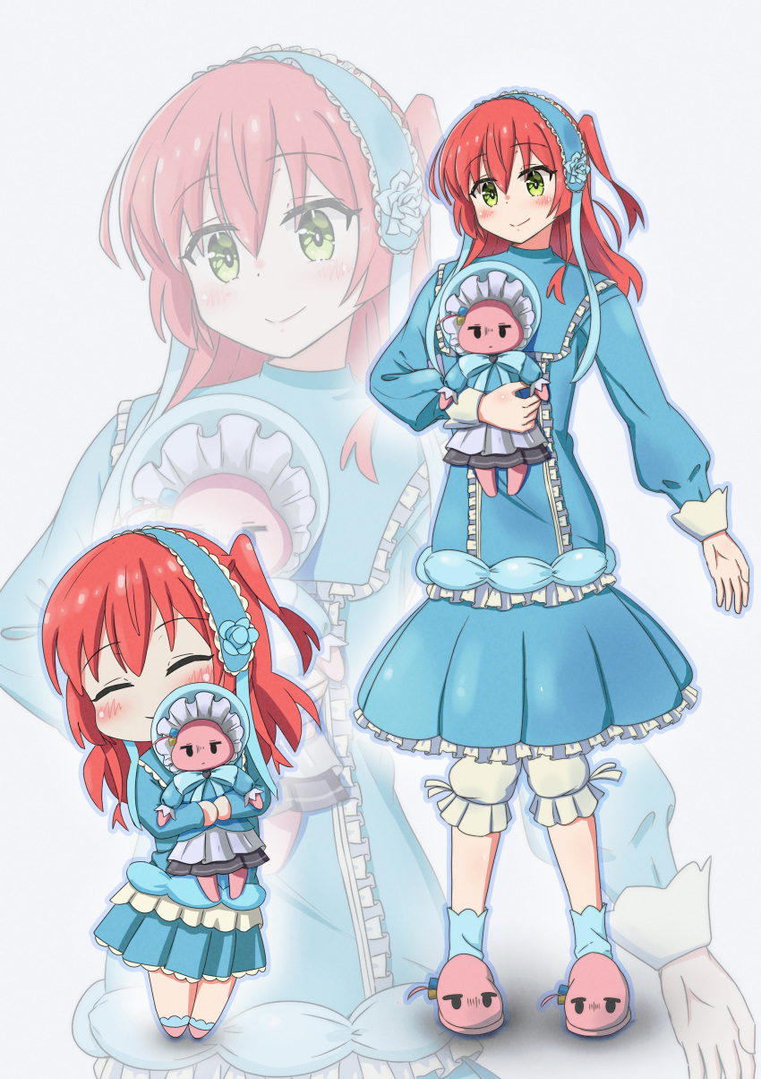 absurdres, bloomers, blue_bow, blue_dress, blue_flower, blue_headband, blue_skirt, blue_socks