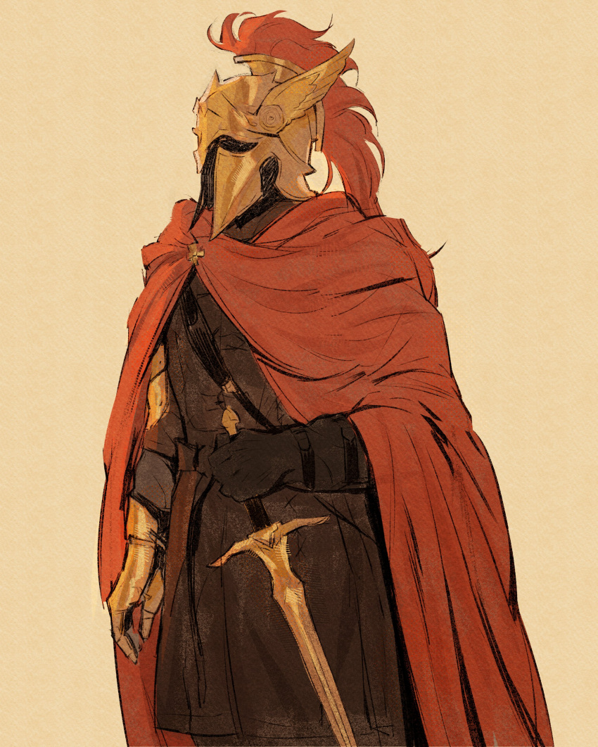 1boy, absurdres, black_gloves, black_tunic, cape, covered_face, cowboy_shot, d3rlord3