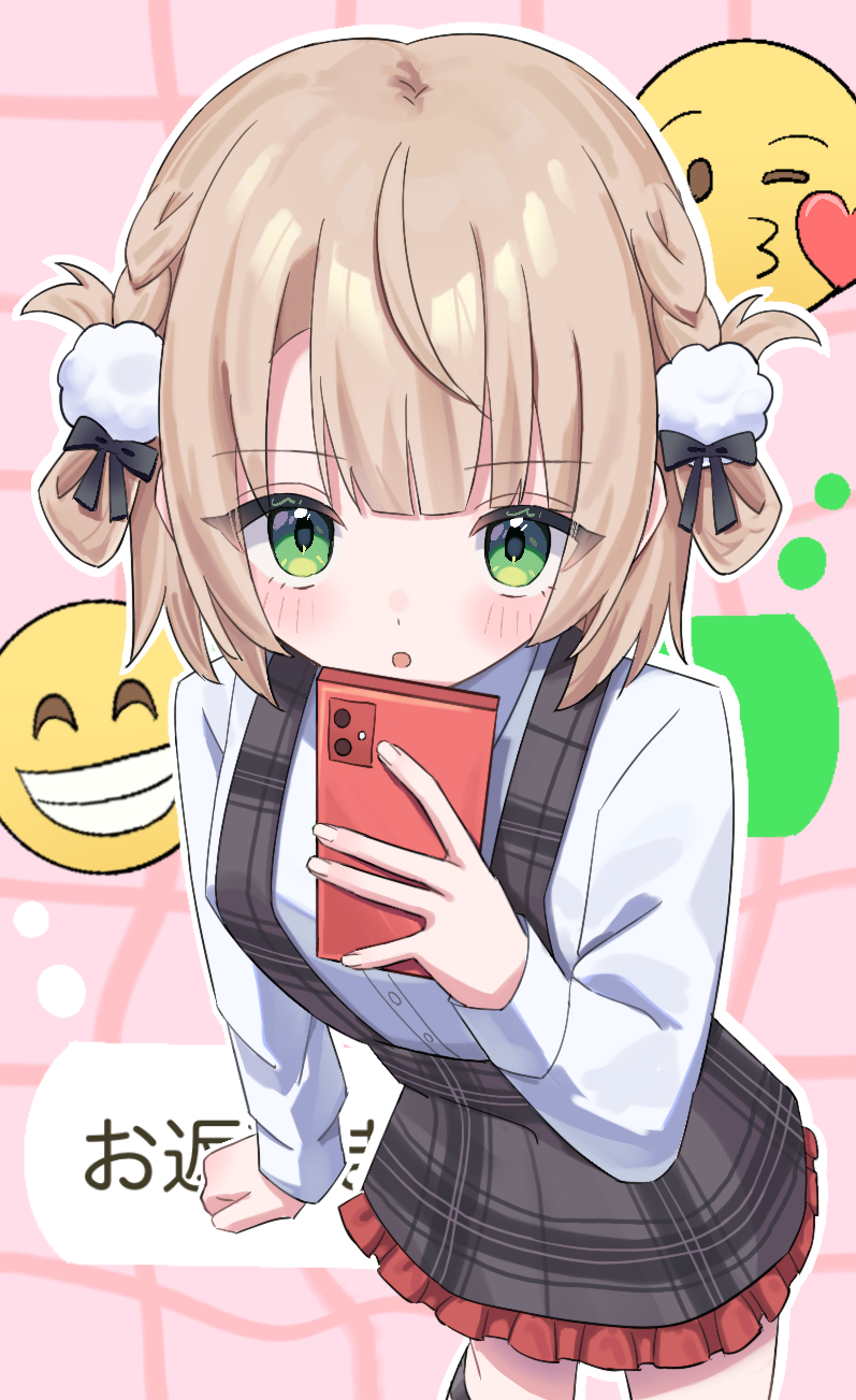 1girl, black_dress, blonde_hair, blush, cellphone, commentary_request, dress, frilled_dress