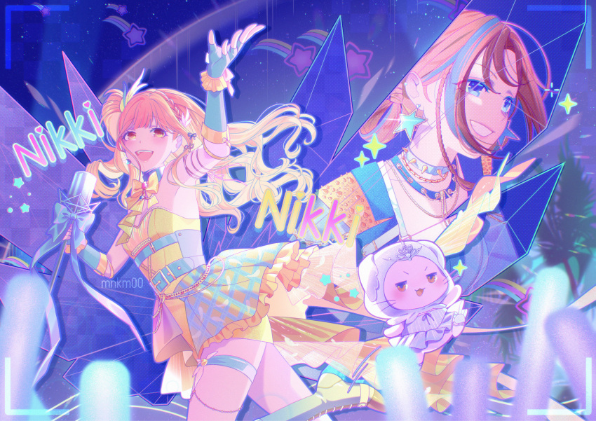 2girls, armlet, artist_name, audience, bare_shoulders, belt, belt_buckle, black_ribbon