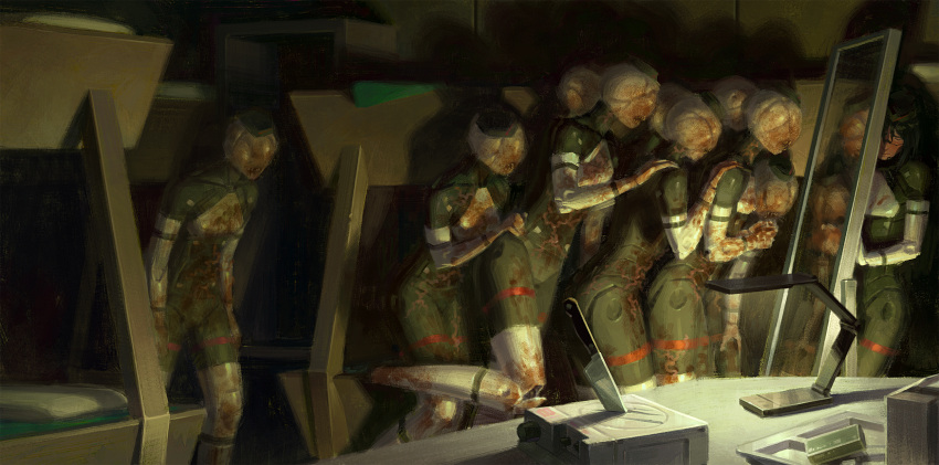 6+girls, android, black_hair, black_hat, cassette_player, closed_eyes, commentary, corrupted_eule_(signalis)