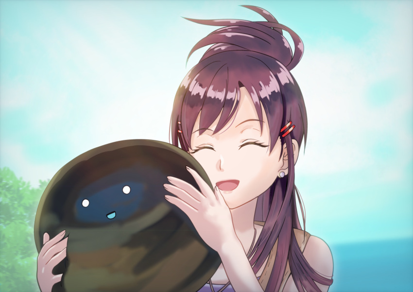 1girl, asukamama89, brown_hair, closed_eyes, commentary_request, earrings, hair_bun, hair_ornament