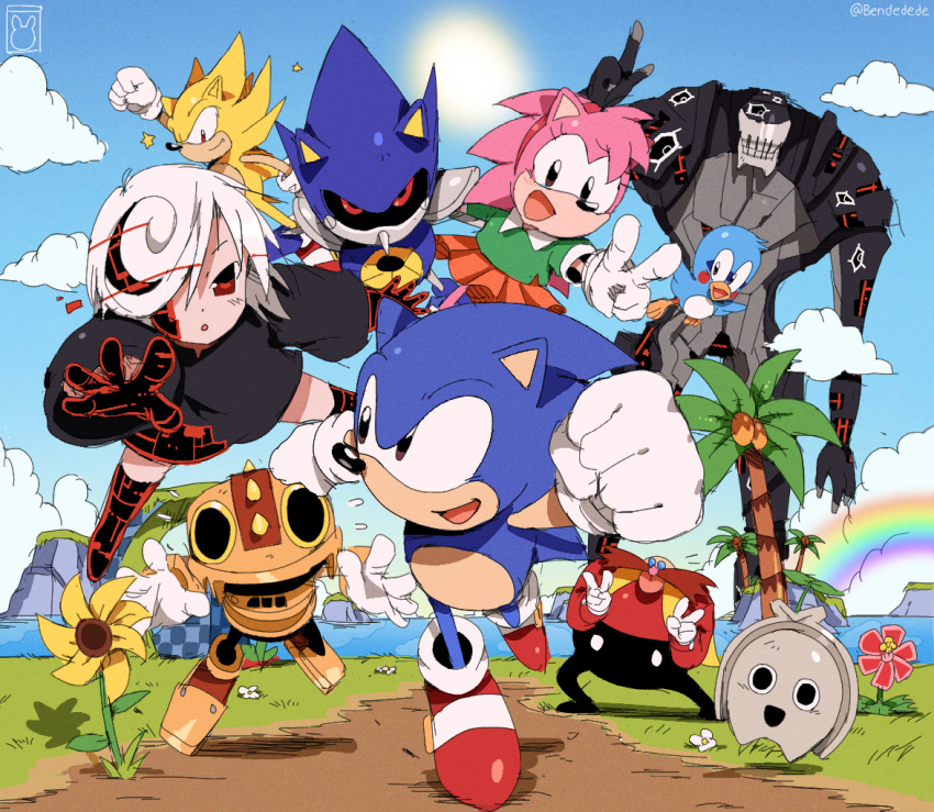 2boys, 3girls, 4others, amy_rose, animal_ears, bendedede, bird, black_dress