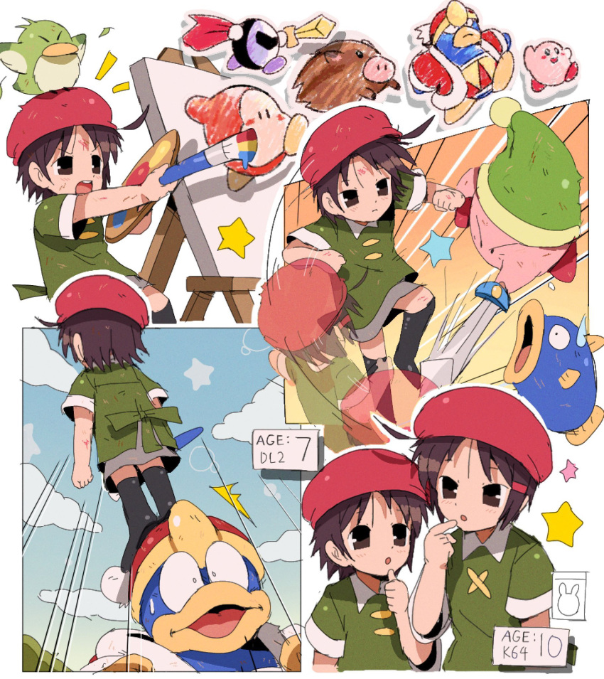 1girl, 4boys, adeleine, ado_(kirby), afterimage, age_comparison, bendedede, beret