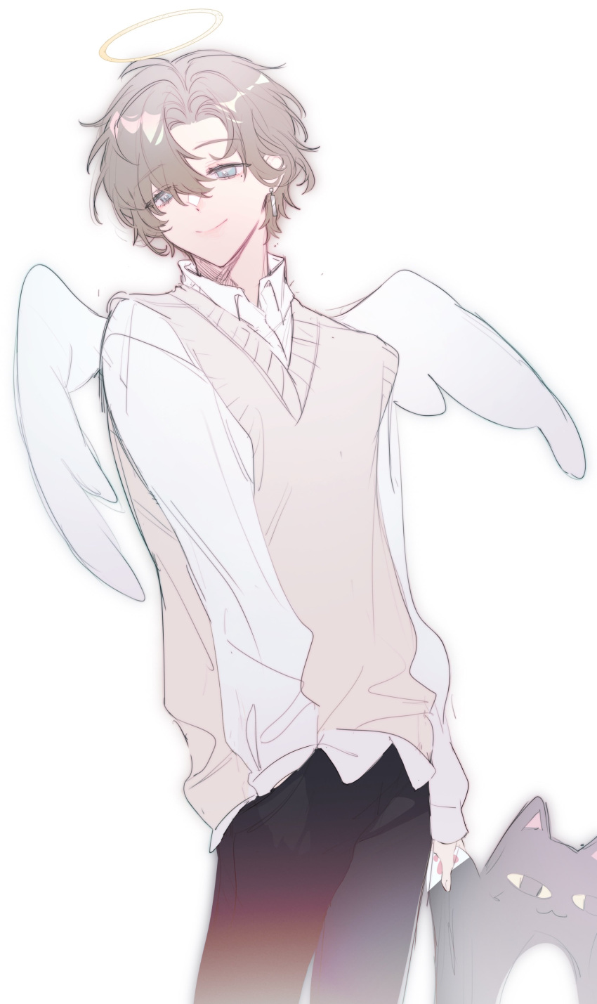 1boy, absurdres, angel, angel_wings, blue_eyes, brown_hair, chinese_commentary, closed_mouth