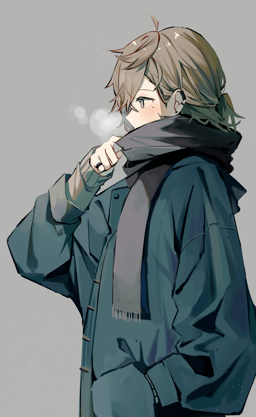 1boy, absurdres, ahoge, bingyue1121, black_scarf, blush, breath, brown_hair