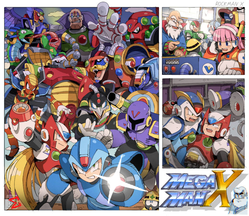 1girl, 6+boys, android, arm_cannon, armored_armadillo_(mega_man), bald, bendedede, blonde_hair