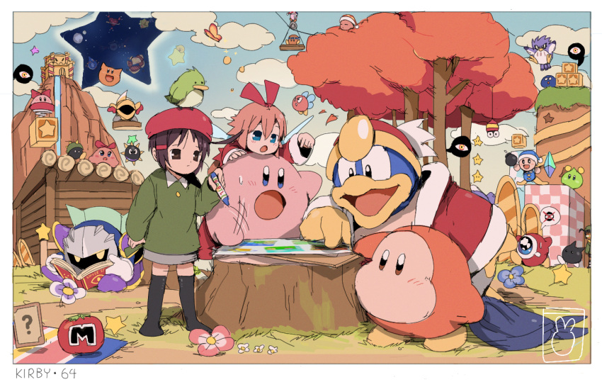 2girls, adeleine, aqua_star, bandana, bandana_waddle_dee, bendedede, beret, blue_bandana