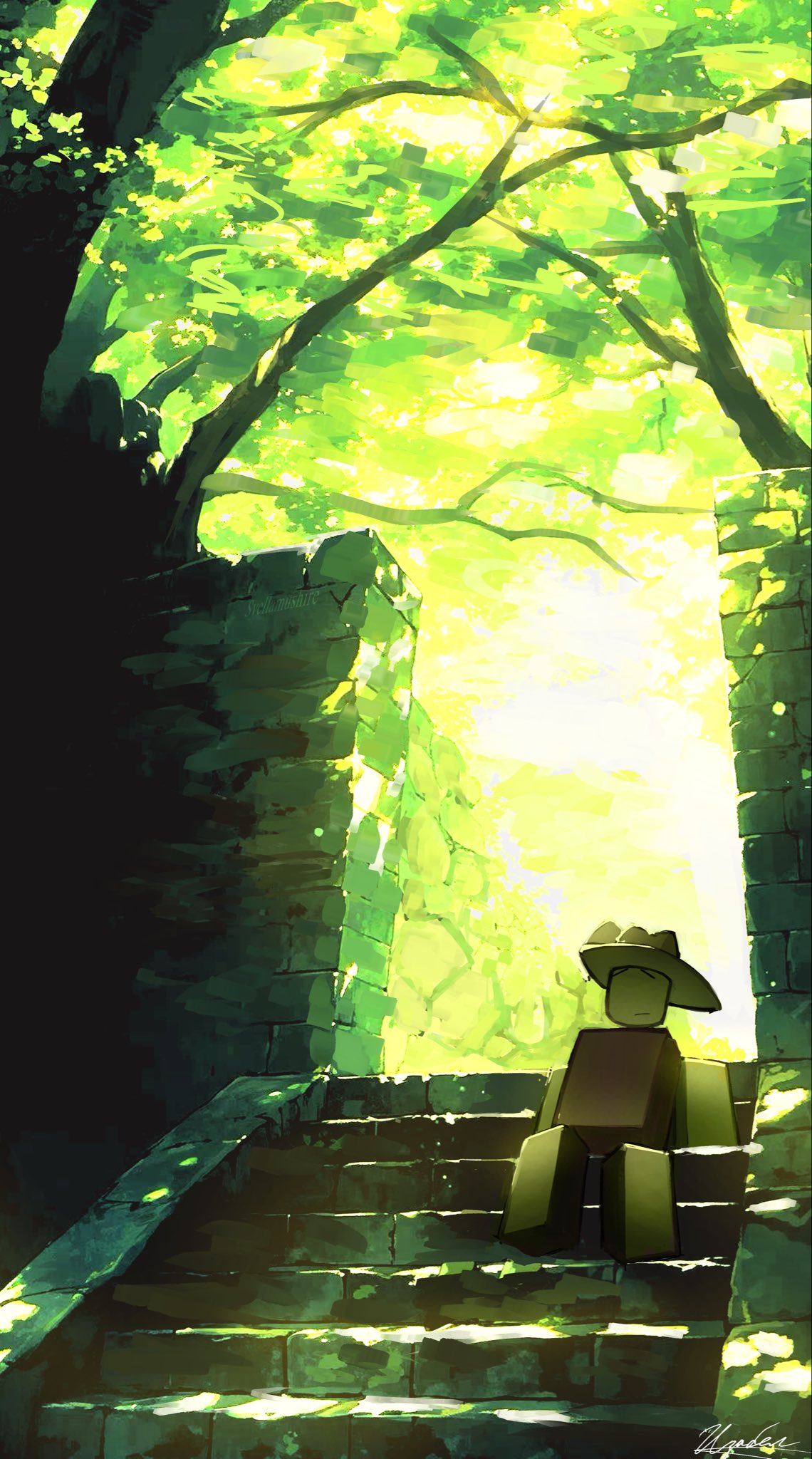 1boy, check_character, closed_eyes, closed_mouth, cowboy_hat, dappled_sunlight, die_of_death, from_below, full_body, highres, male_focus, nature, outdoors, revolver_(die_of_death), roblox, saturated, scenery, sitting, solo, sunlight, svellamushire, tree