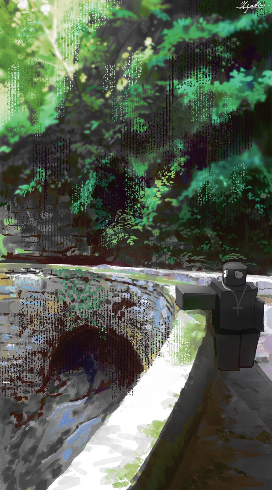1other, ambiguous_gender, bridge, cross_pendant, full_body, grace_(roblox), highres, nature