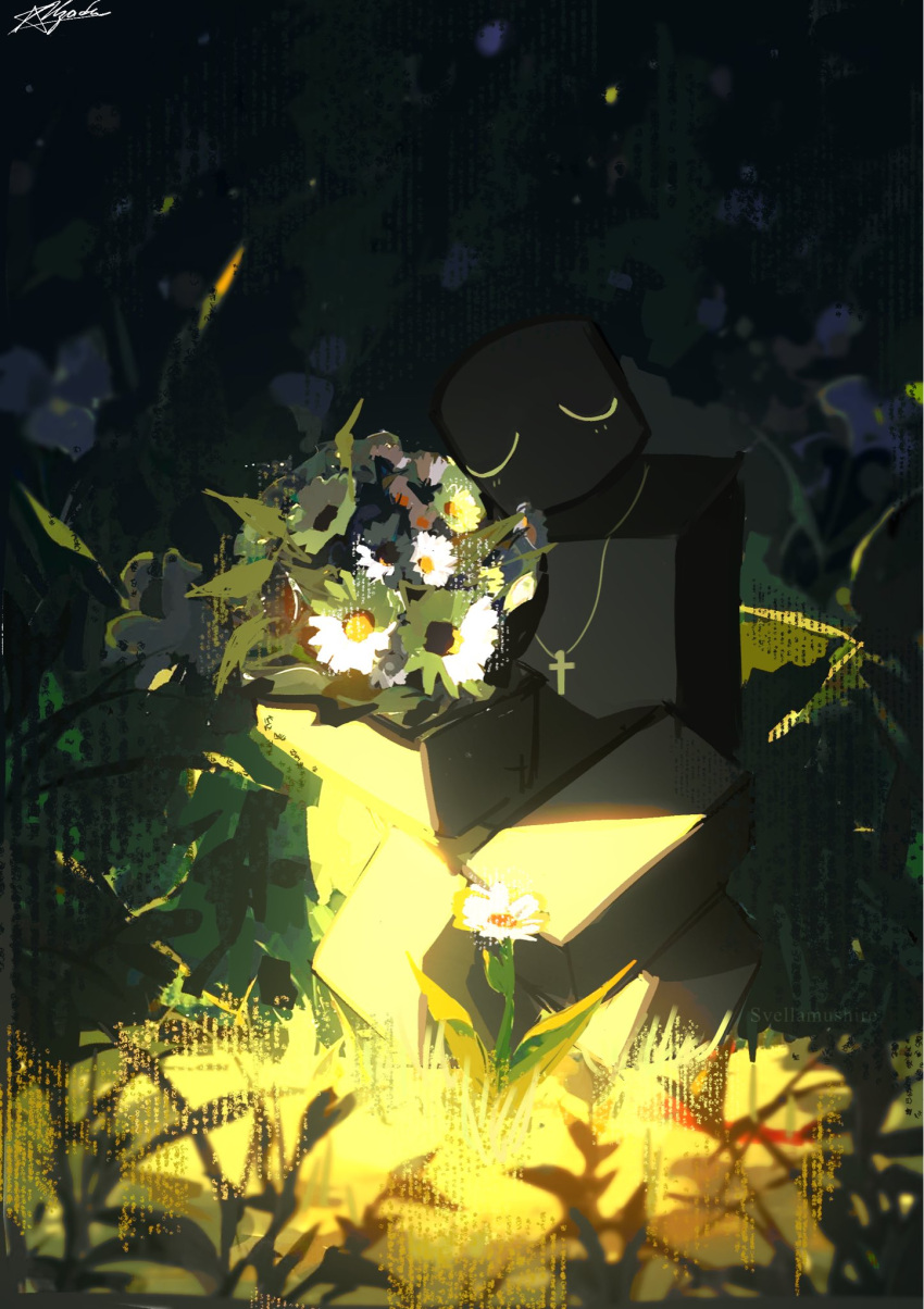 1other, ambiguous_gender, bouquet, closed_eyes, cross_pendant, daisy_(flower), flower, glowing, grace_(roblox), highres, holding, holding_bouquet, light_particles, nature, other_focus, plant, player_character_(roblox), roblox, scenery, sitting, solo, spotlight, sunlight, svellamushire