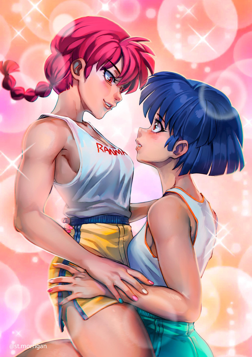 2girls, absurdres, bare_shoulders, blue_hair, braid, breasts, english_commentary, eye_contact