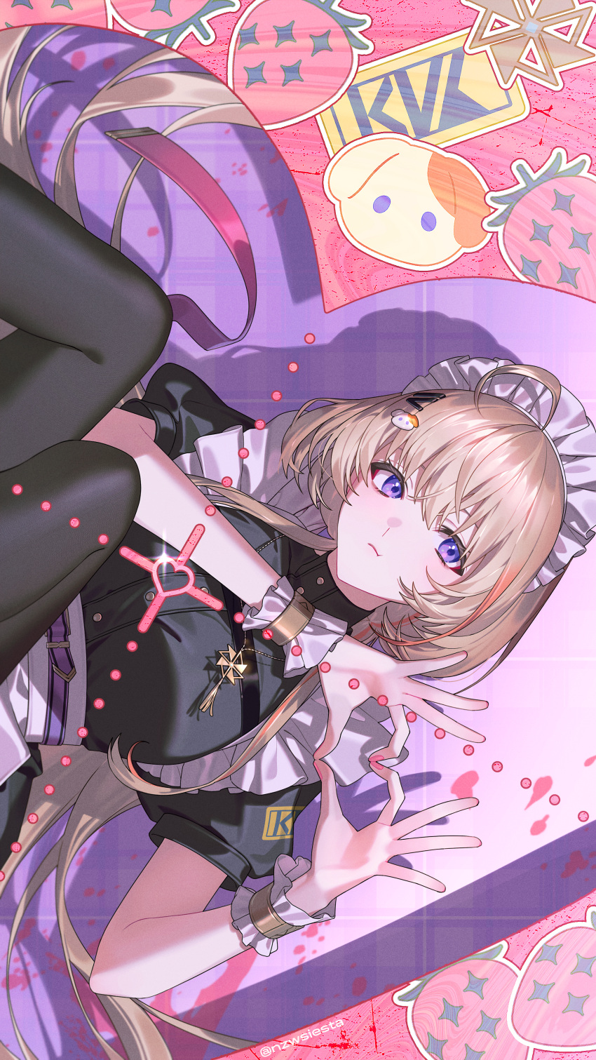 1girl, absurdres, ahoge, apron, black_dress, blonde_hair, dress, frilled_wrist_cuffs