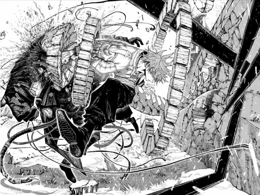 2boys, black_boots, black_pants, bone_tail, boots, breaking_through_wall, commentary_request, crack